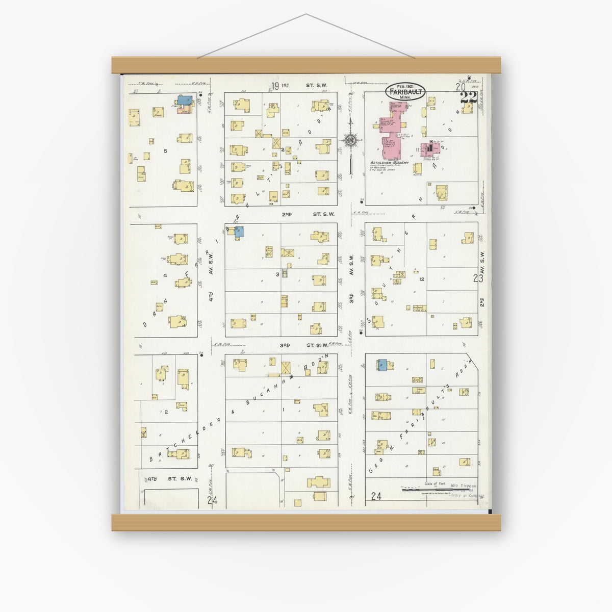 Old map wall art mockup — magnetic wood frame on white wall — Sanborn Fire Insurance Map from Faribault, Rice County, Minnesota (1921), Sheet #0022