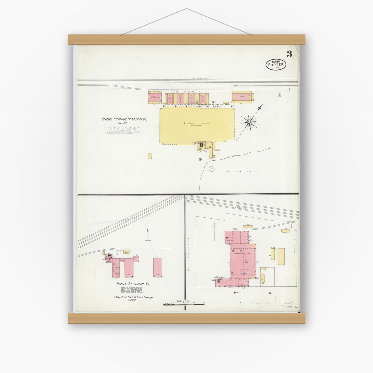 Old map wall art mockup — magnetic wood frame on white wall — Sanborn Fire Insurance Map from Porter, Porter County, Indiana (1899), Sheet #0003