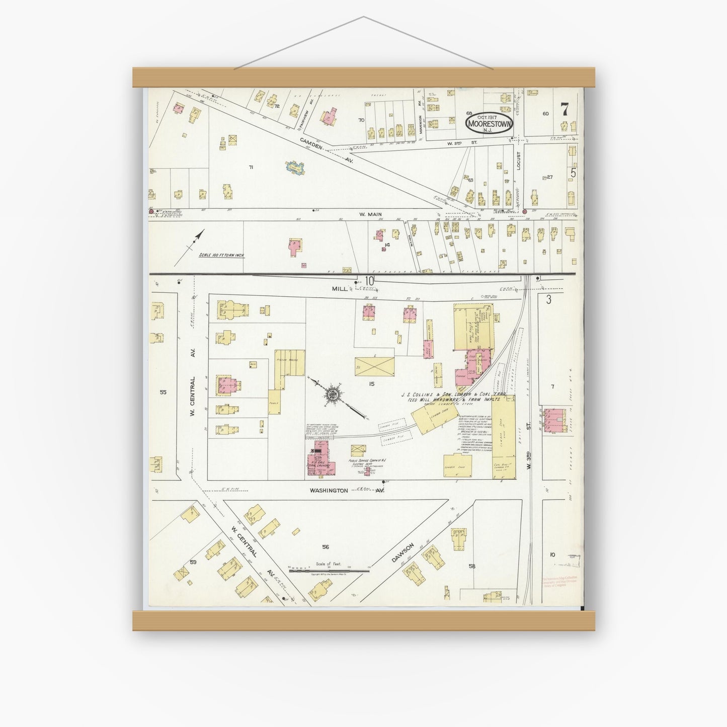 Old map wall art mockup — magnetic wood frame on white wall — Sanborn Fire Insurance Map from Moorestown, Burlington County, New Jersey (1917), Sheet #0007