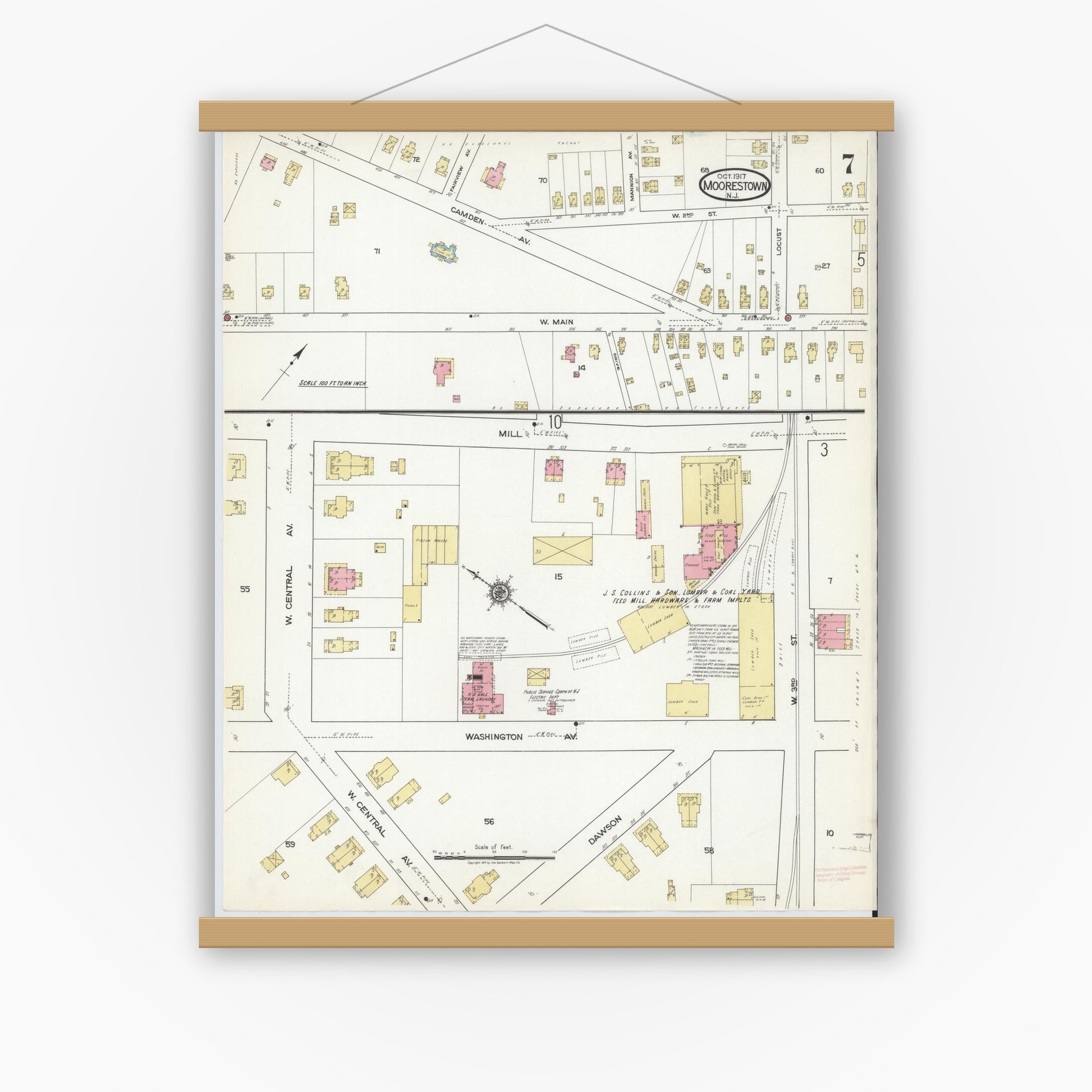 Old map wall art mockup — magnetic wood frame on white wall — Sanborn Fire Insurance Map from Moorestown, Burlington County, New Jersey (1917), Sheet #0007