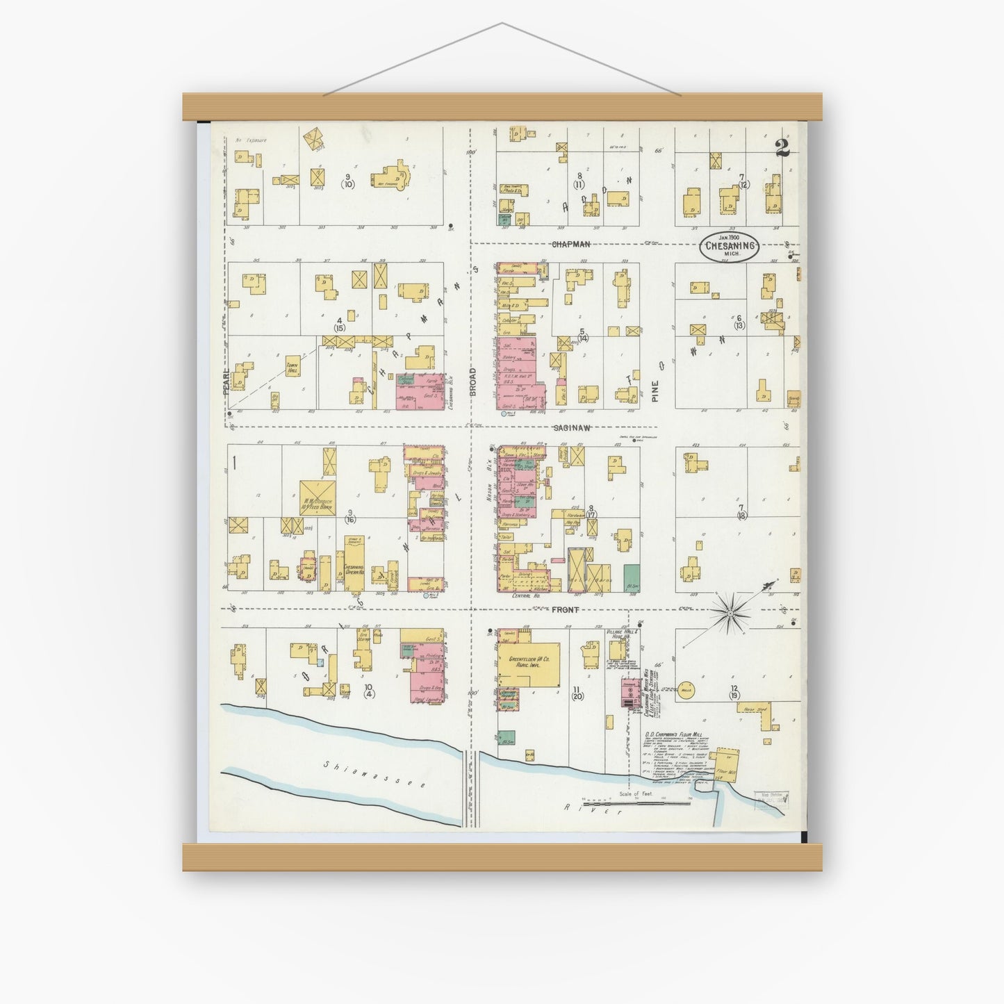 Old map wall art mockup — magnetic wood frame on white wall — Sanborn Fire Insurance Map from Chesaning, Saginaw County, Michigan (1900), Sheet #0002