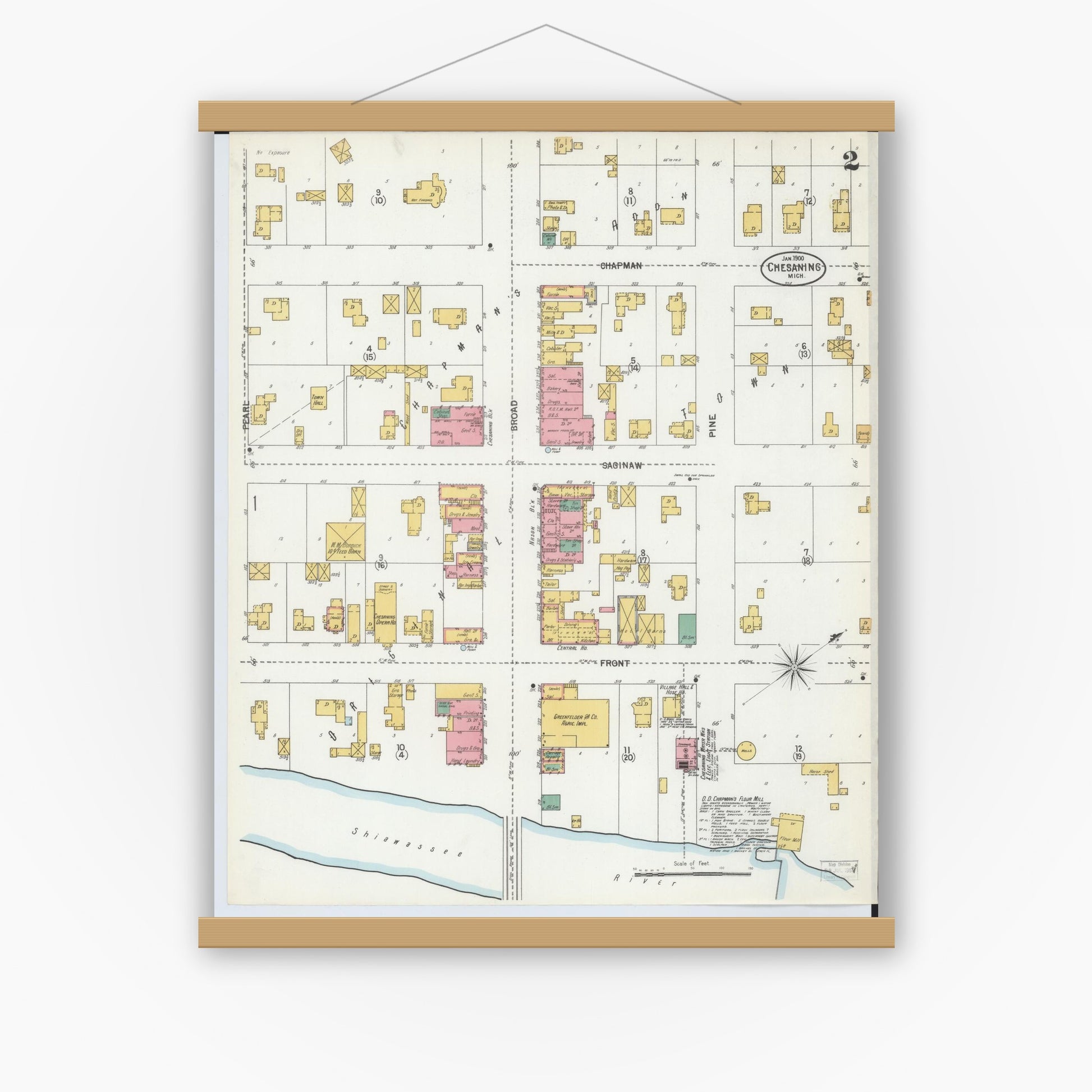 Old map wall art mockup — magnetic wood frame on white wall — Sanborn Fire Insurance Map from Chesaning, Saginaw County, Michigan (1900), Sheet #0002