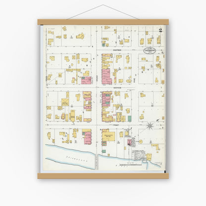 Old map wall art mockup — magnetic wood frame on white wall — Sanborn Fire Insurance Map from Chesaning, Saginaw County, Michigan (1900), Sheet #0002