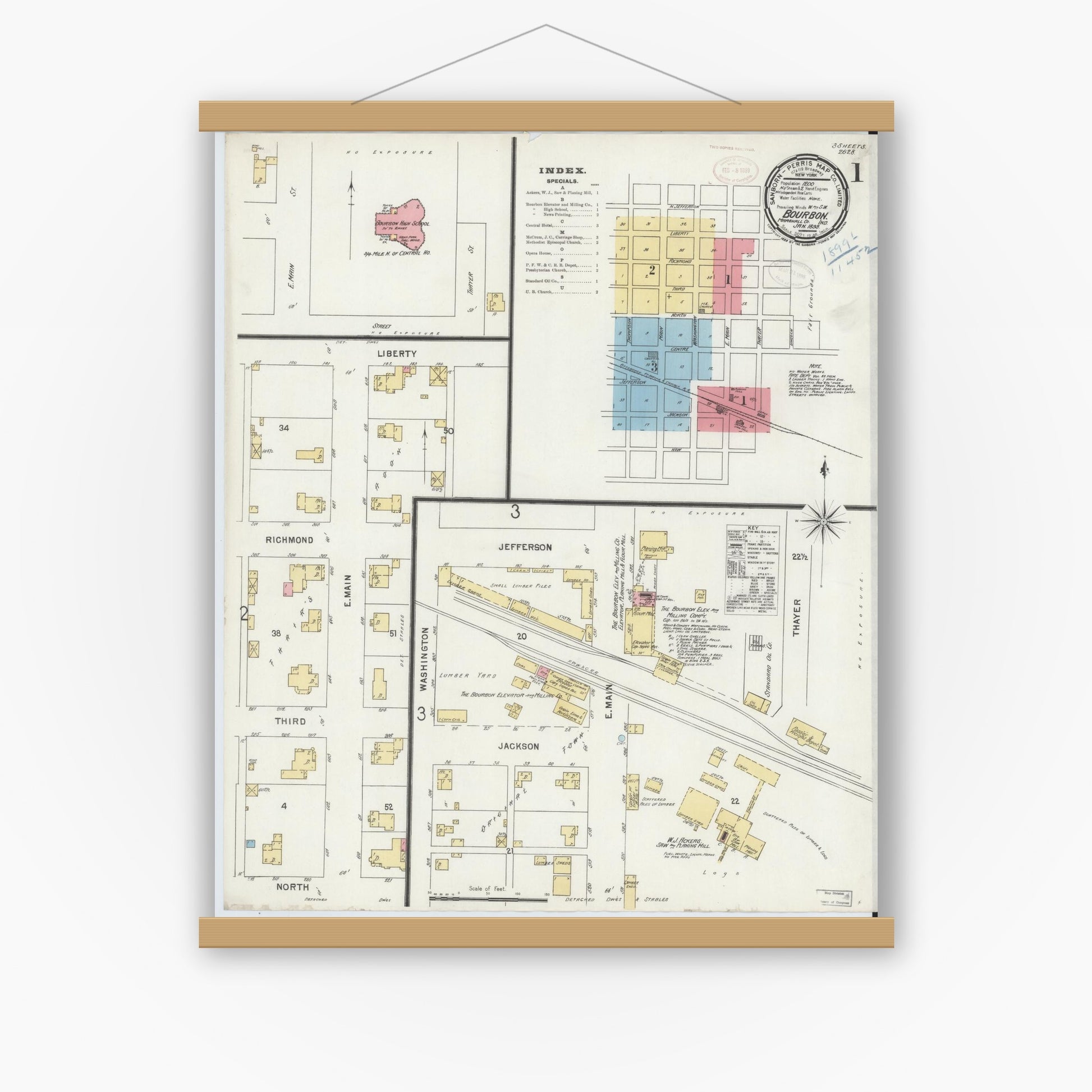 Old map wall art mockup — magnetic wood frame on white wall — Sanborn Fire Insurance Map from Bourbon, Marshall County, Indiana (1899), Sheet #0001