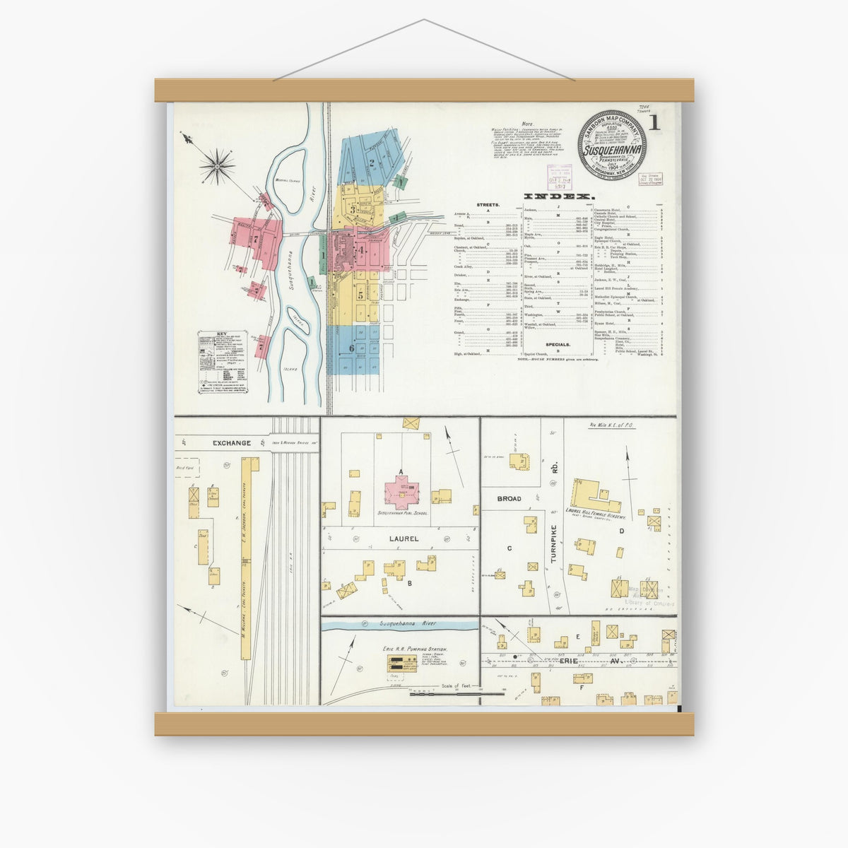 Old map wall art mockup — magnetic wood frame on white wall — Sanborn Fire Insurance Map from Susquehanna, Susquehanna County, Pennsylvania (1904) - Complete Map Set