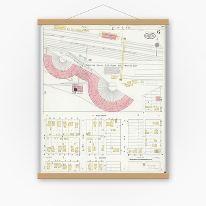 Old map wall art mockup — magnetic wood frame on white wall — Sanborn Fire Insurance Map from Staples, Todd County, Minnesota (1916), Sheet #0006