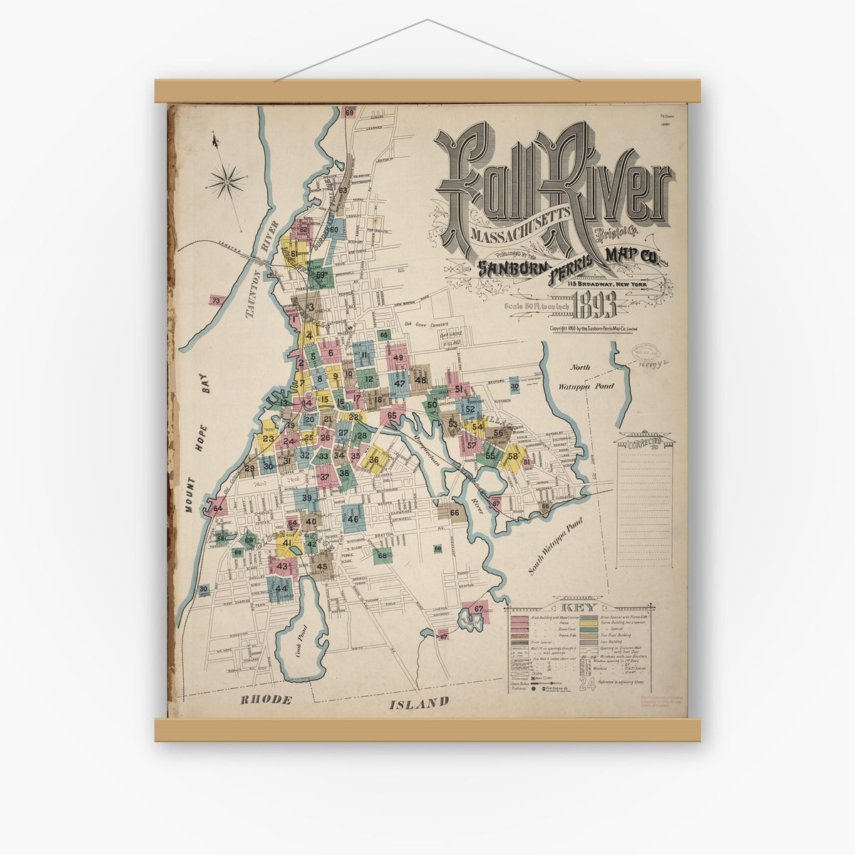Old map wall art mockup — magnetic wood frame on white wall — Sanborn Fire Insurance Map from Fall River, Bristol County, Massachusetts (1893), Sheet #0001