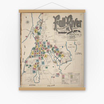 Old map wall art mockup — magnetic wood frame on white wall — Sanborn Fire Insurance Map from Fall River, Bristol County, Massachusetts (1893), Sheet #0001