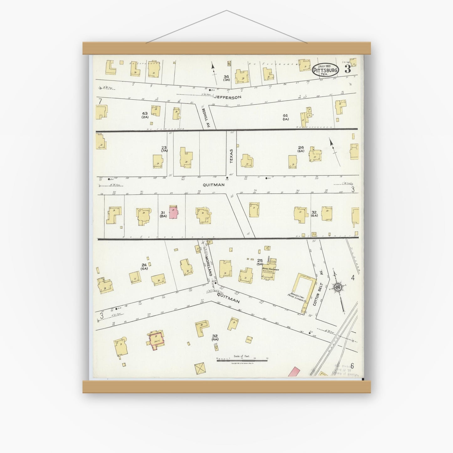 Old map wall art mockup — magnetic wood frame on white wall — Sanborn Fire Insurance Map from Pittsburg, Camp County, Texas (1921), Sheet #0003