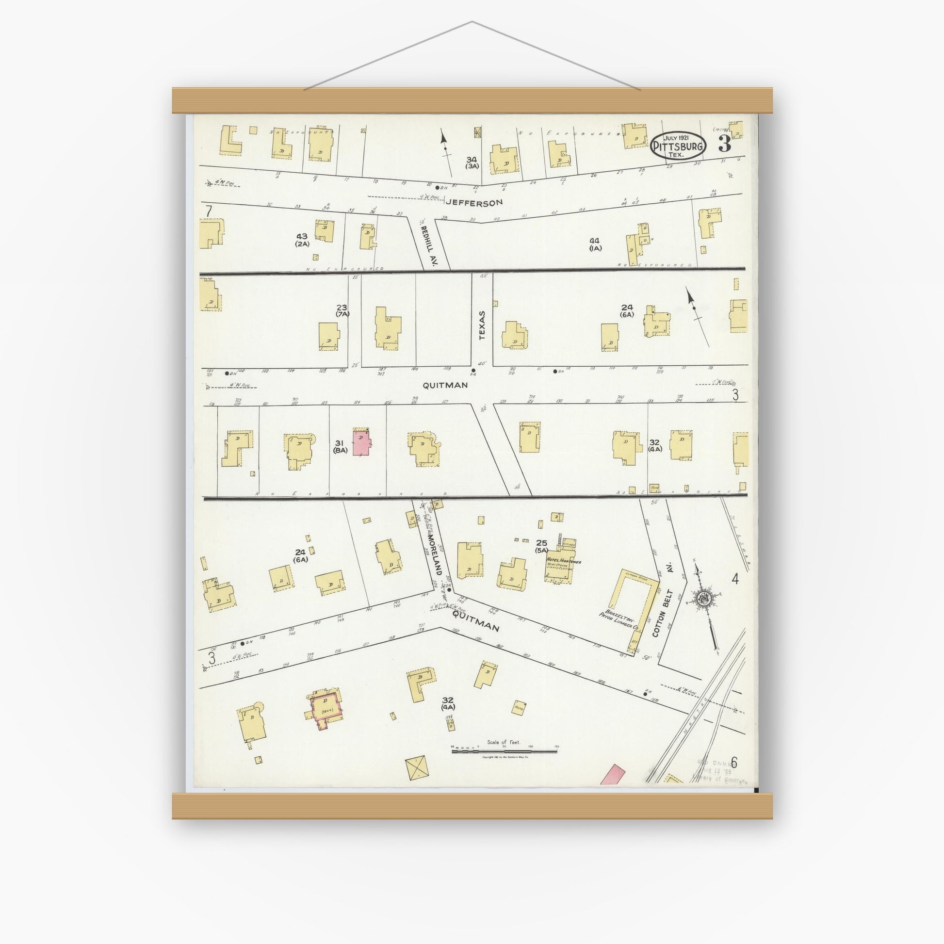 Old map wall art mockup — magnetic wood frame on white wall — Sanborn Fire Insurance Map from Pittsburg, Camp County, Texas (1921), Sheet #0003