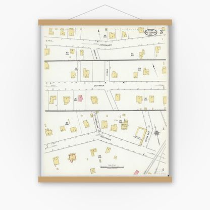 Old map wall art mockup — magnetic wood frame on white wall — Sanborn Fire Insurance Map from Pittsburg, Camp County, Texas (1921), Sheet #0003