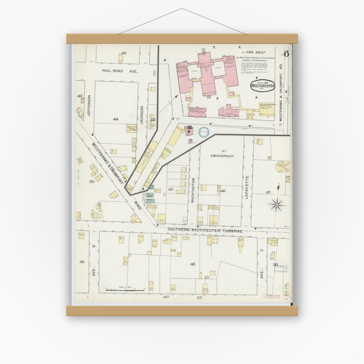 Old map wall art mockup — magnetic wood frame on white wall — Sanborn Fire Insurance Map from Westchester, Westchester County, New York (1893), Sheet #0006
