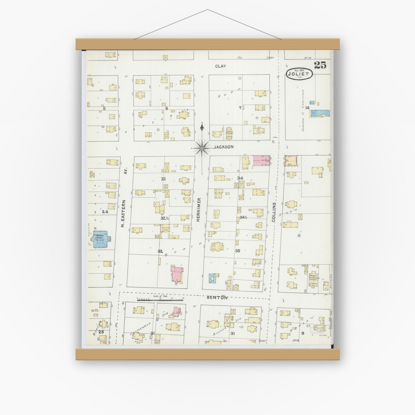 Old map wall art mockup — magnetic wood frame on white wall — Sanborn Fire Insurance Map from Joliet, Will County, Illinois (1891), Sheet #0025