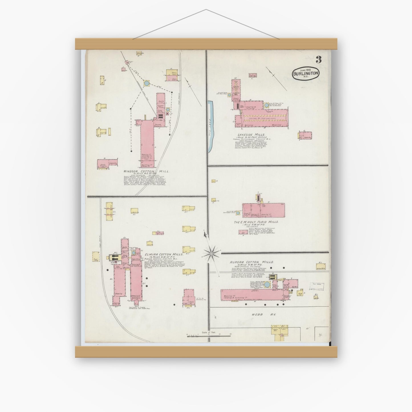 Old map wall art mockup — magnetic wood frame on white wall — Sanborn Fire Insurance Map from Burlington, Alamance County, North Carolina (1893), Sheet #0003