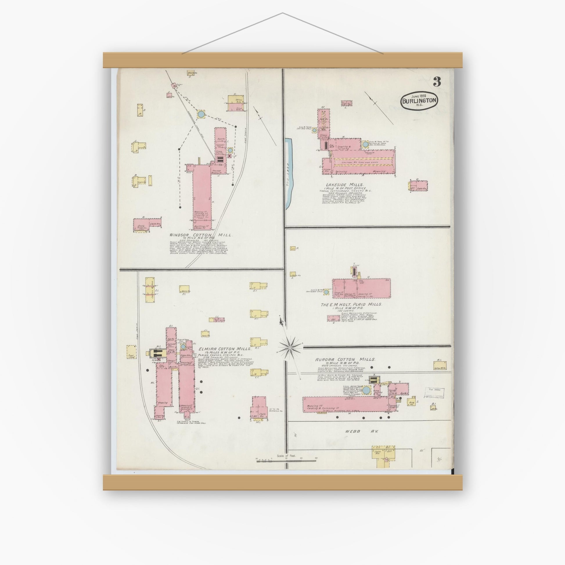 Old map wall art mockup — magnetic wood frame on white wall — Sanborn Fire Insurance Map from Burlington, Alamance County, North Carolina (1893), Sheet #0003