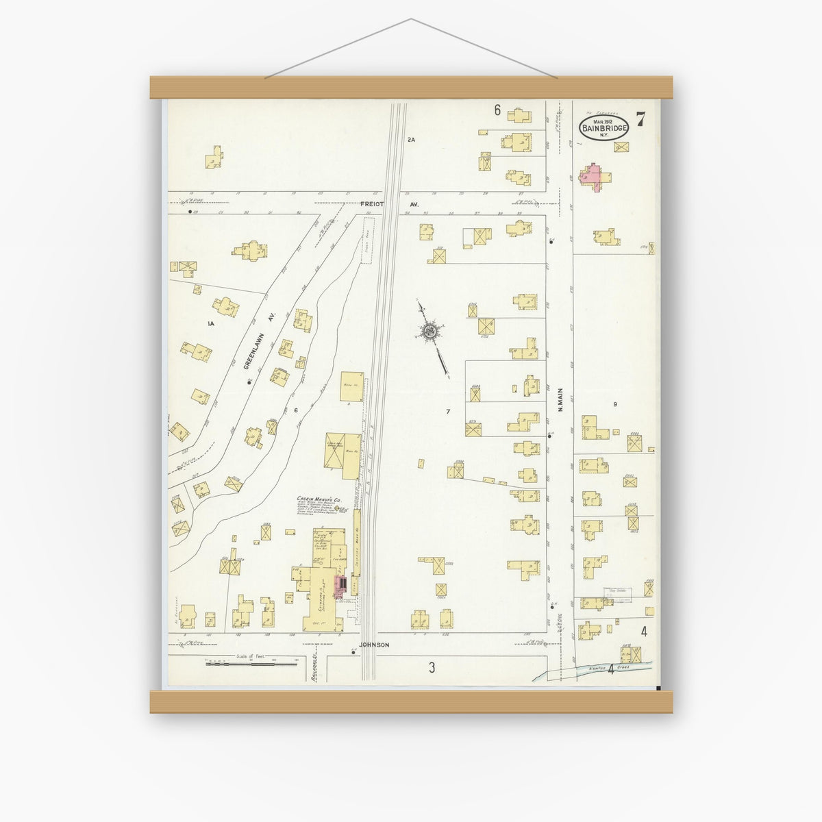 Old map wall art mockup — magnetic wood frame on white wall — Sanborn Fire Insurance Map from Bainbridge, Chenango County, New York (1912), Sheet #0007