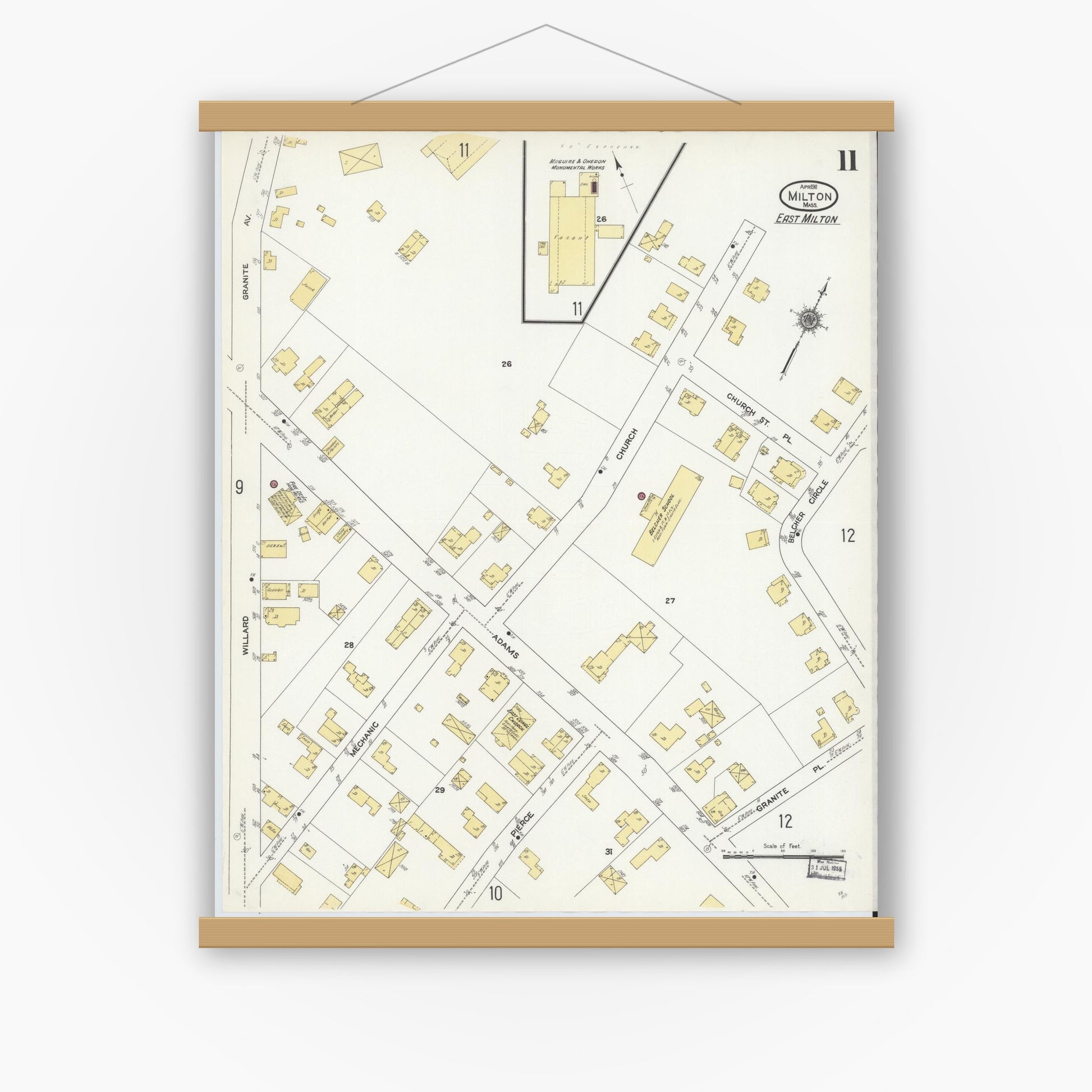 Old map wall art mockup — magnetic wood frame on white wall — Sanborn Fire Insurance Map from Milton, Norfolk County, Massachusetts (1911), Sheet #0011