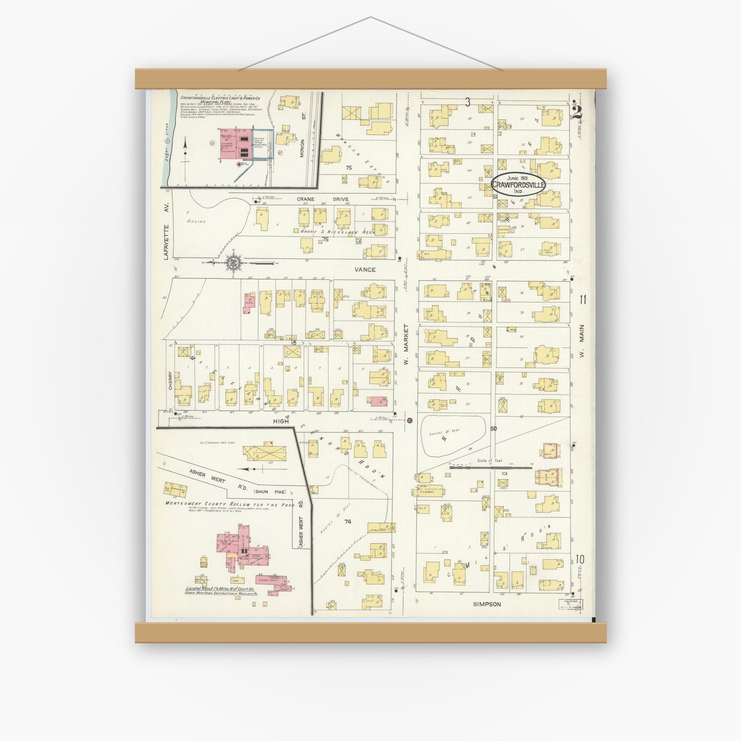 Old map wall art mockup — magnetic wood frame on white wall — Sanborn Fire Insurance Map from Crawfordsville, Montgomery County, Indiana (1913), Sheet #0002