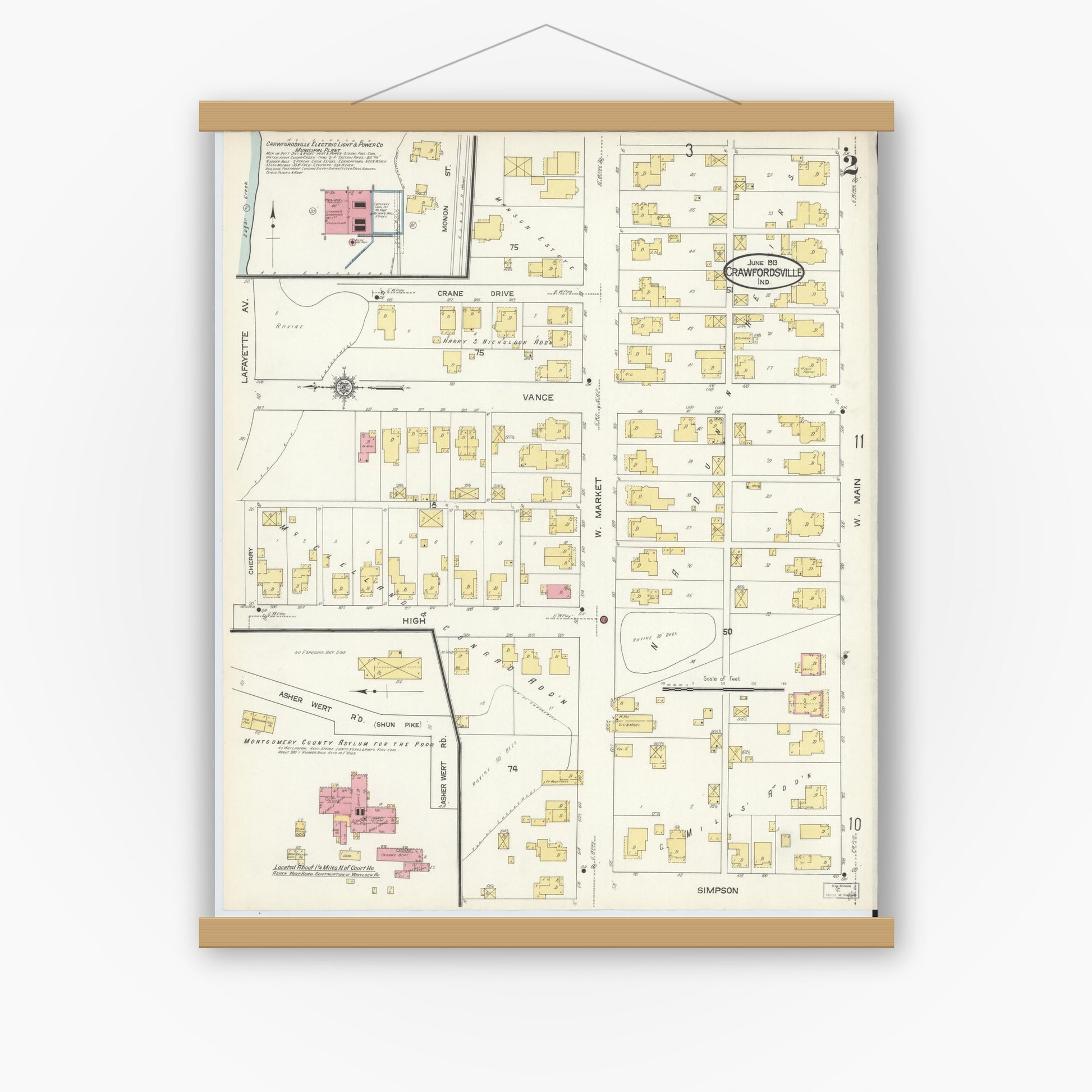 Old map wall art mockup — magnetic wood frame on white wall — Sanborn Fire Insurance Map from Crawfordsville, Montgomery County, Indiana (1913), Sheet #0002