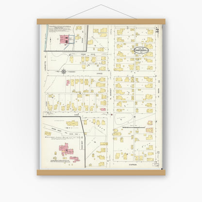 Old map wall art mockup — magnetic wood frame on white wall — Sanborn Fire Insurance Map from Crawfordsville, Montgomery County, Indiana (1913), Sheet #0002