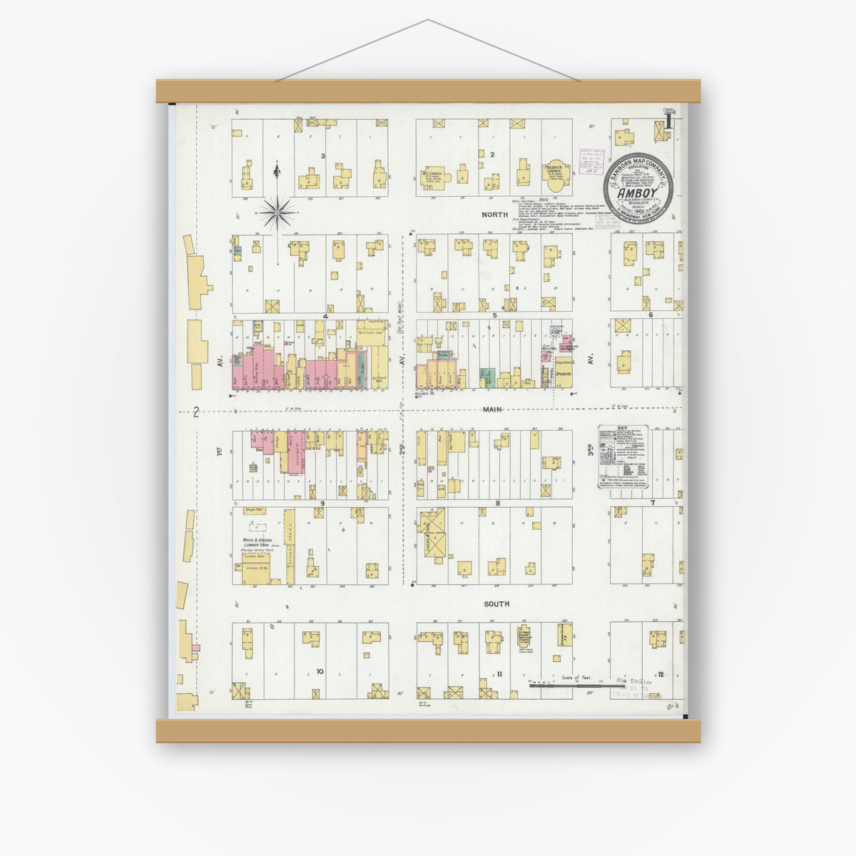 Old map wall art mockup — magnetic wood frame on white wall — Sanborn Fire Insurance Map from Amboy, Blue Earth County, Minnesota (1905) - Complete Map Set