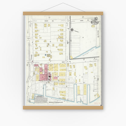 Old map wall art mockup — magnetic wood frame on white wall — Sanborn Fire Insurance Map from Patchogue, Suffolk County, New York (1916), Sheet #0012