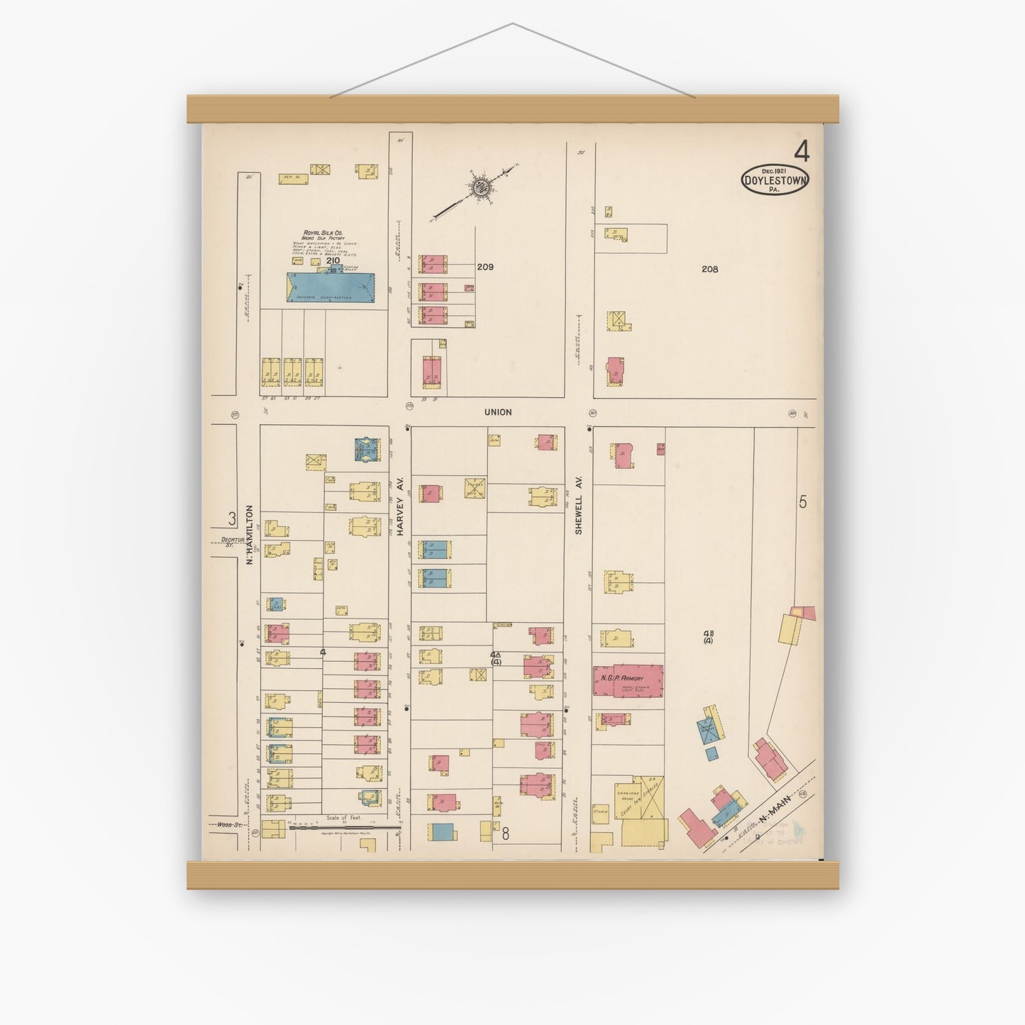 Old map wall art mockup — magnetic wood frame on white wall — Sanborn Fire Insurance Map from Doylestown, Bucks County, Pennsylvania (1922), Sheet #0004