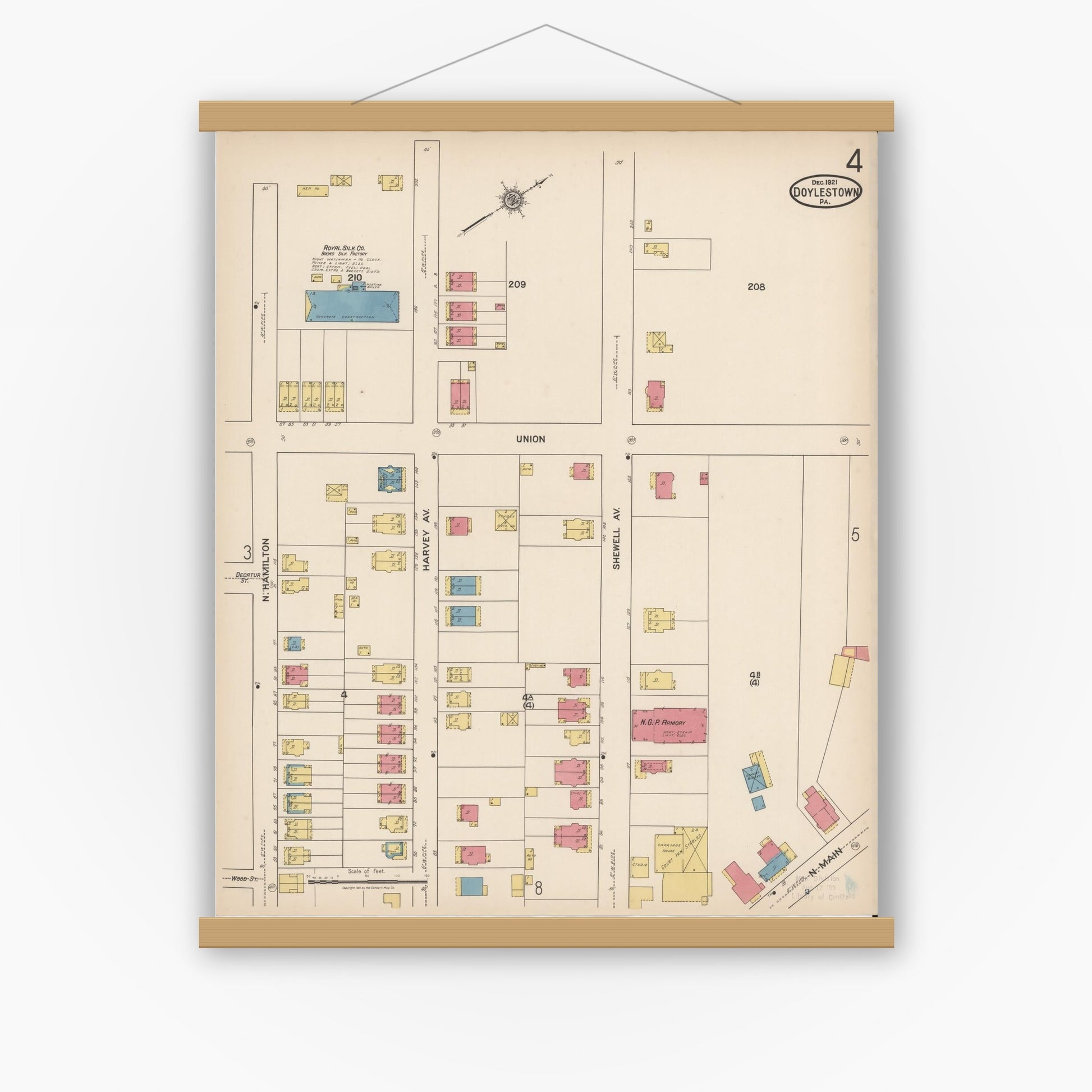 Old map wall art mockup — magnetic wood frame on white wall — Sanborn Fire Insurance Map from Doylestown, Bucks County, Pennsylvania (1922), Sheet #0004