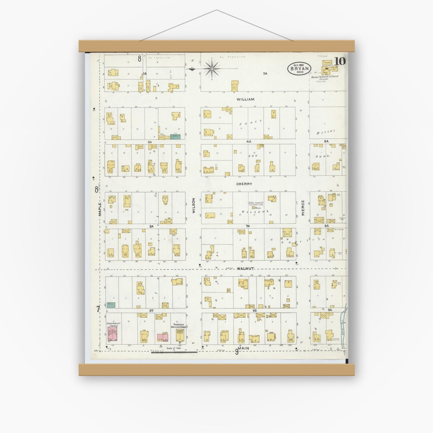 Old map wall art mockup — magnetic wood frame on white wall — Sanborn Fire Insurance Map from Bryan, Williams County, Ohio (1905), Sheet #0010