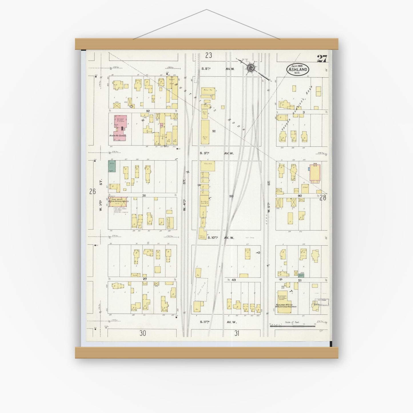 Old map wall art mockup — magnetic wood frame on white wall — Sanborn Fire Insurance Map from Ashland, Ashland County, Wisconsin (1909), Sheet #0027