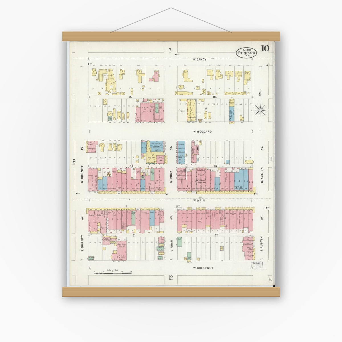 Old map wall art mockup — magnetic wood frame on white wall — Sanborn Fire Insurance Map from Denison, Grayson County, Texas (1897), Sheet #0010