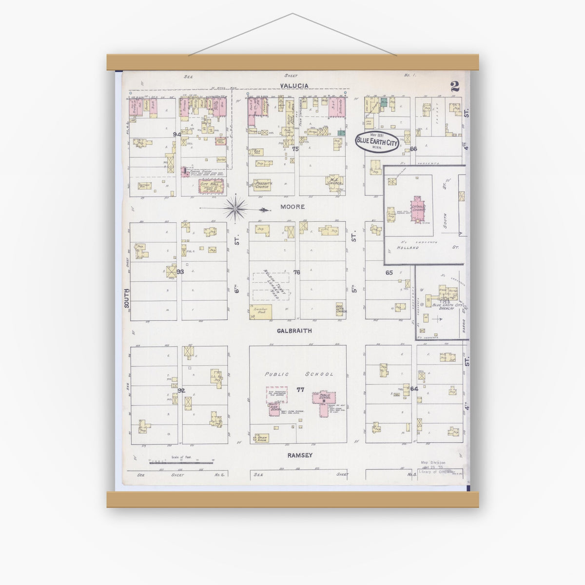 Old map wall art mockup — magnetic wood frame on white wall — Sanborn Fire Insurance Map from Blue Earth, Faribault County, Minnesota (1891), Sheet #0002