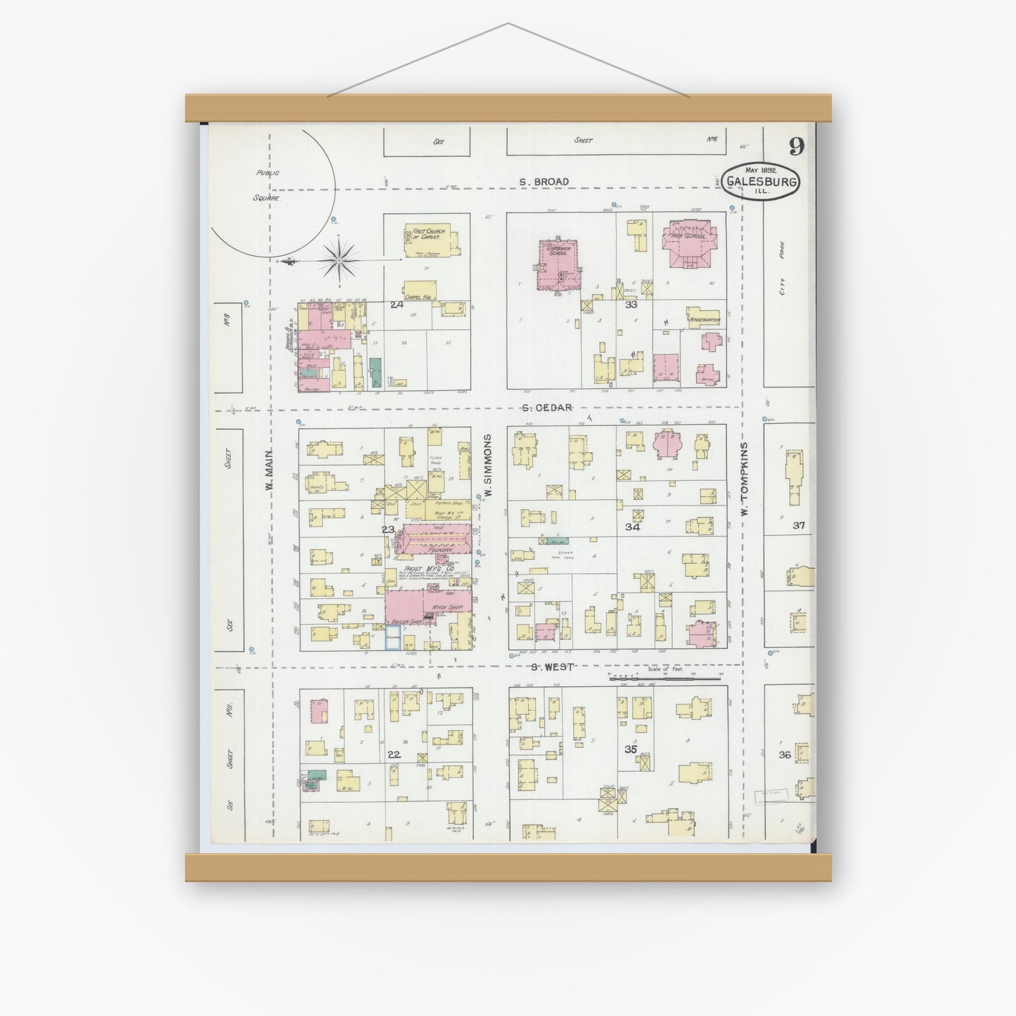 Old map wall art mockup — magnetic wood frame on white wall — Sanborn Fire Insurance Map from Galesburg, Knox County, Illinois (1892), Sheet #0009