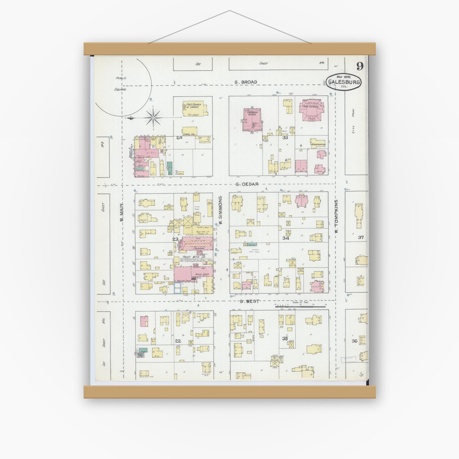 Old map wall art mockup — magnetic wood frame on white wall — Sanborn Fire Insurance Map from Galesburg, Knox County, Illinois (1892), Sheet #0009