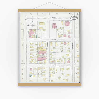 Old map wall art mockup — magnetic wood frame on white wall — Sanborn Fire Insurance Map from Galesburg, Knox County, Illinois (1892), Sheet #0009