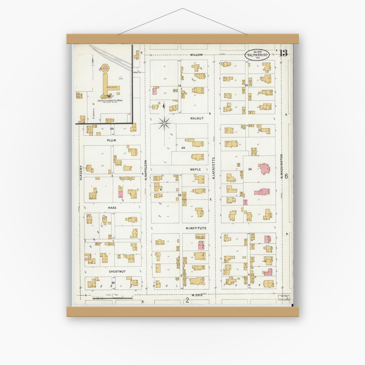 Old map wall art mockup — magnetic wood frame on white wall — Sanborn Fire Insurance Map from Valparaiso, Porter County, Indiana (1899), Sheet #0013