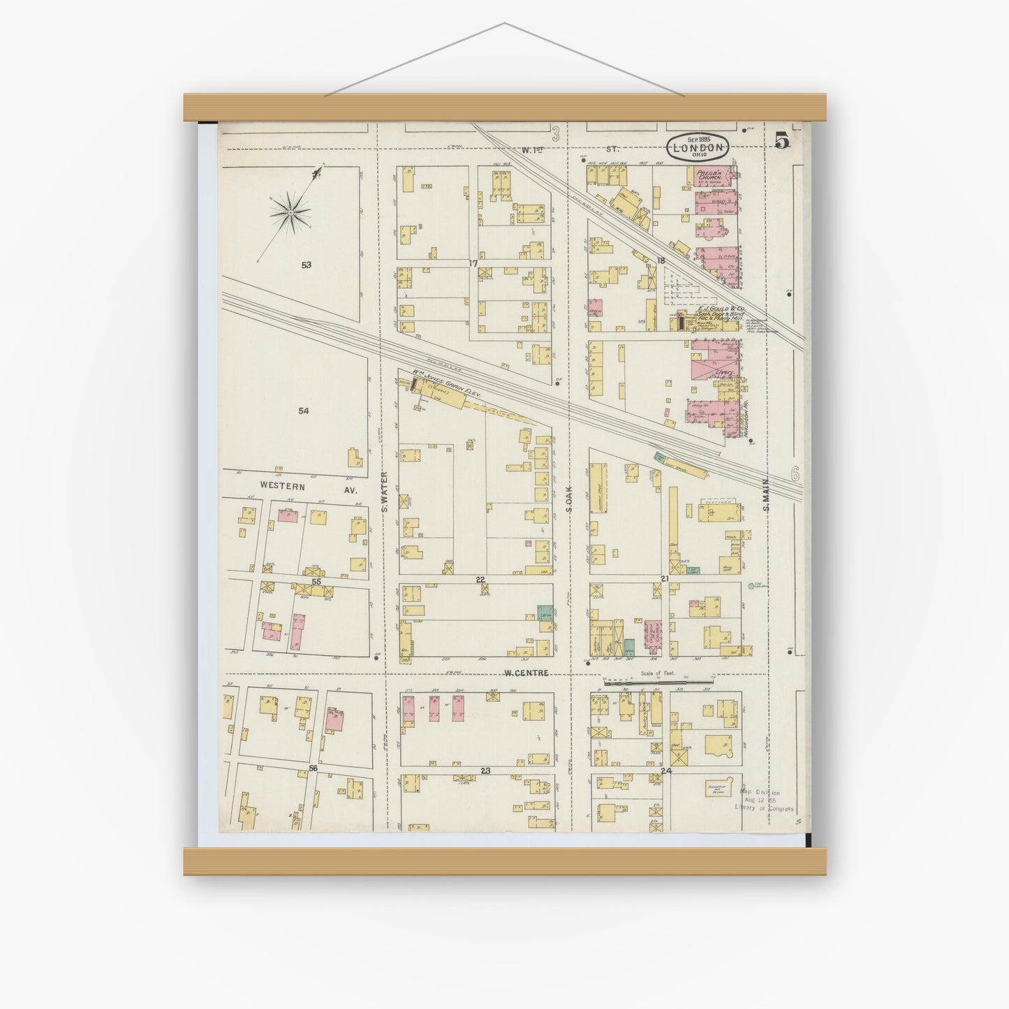 Old map wall art mockup — magnetic wood frame on white wall — Sanborn Fire Insurance Map from London, Madison County, Ohio (1895), Sheet #0005