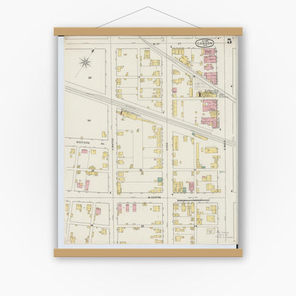 Old map wall art mockup — magnetic wood frame on white wall — Sanborn Fire Insurance Map from London, Madison County, Ohio (1895), Sheet #0005