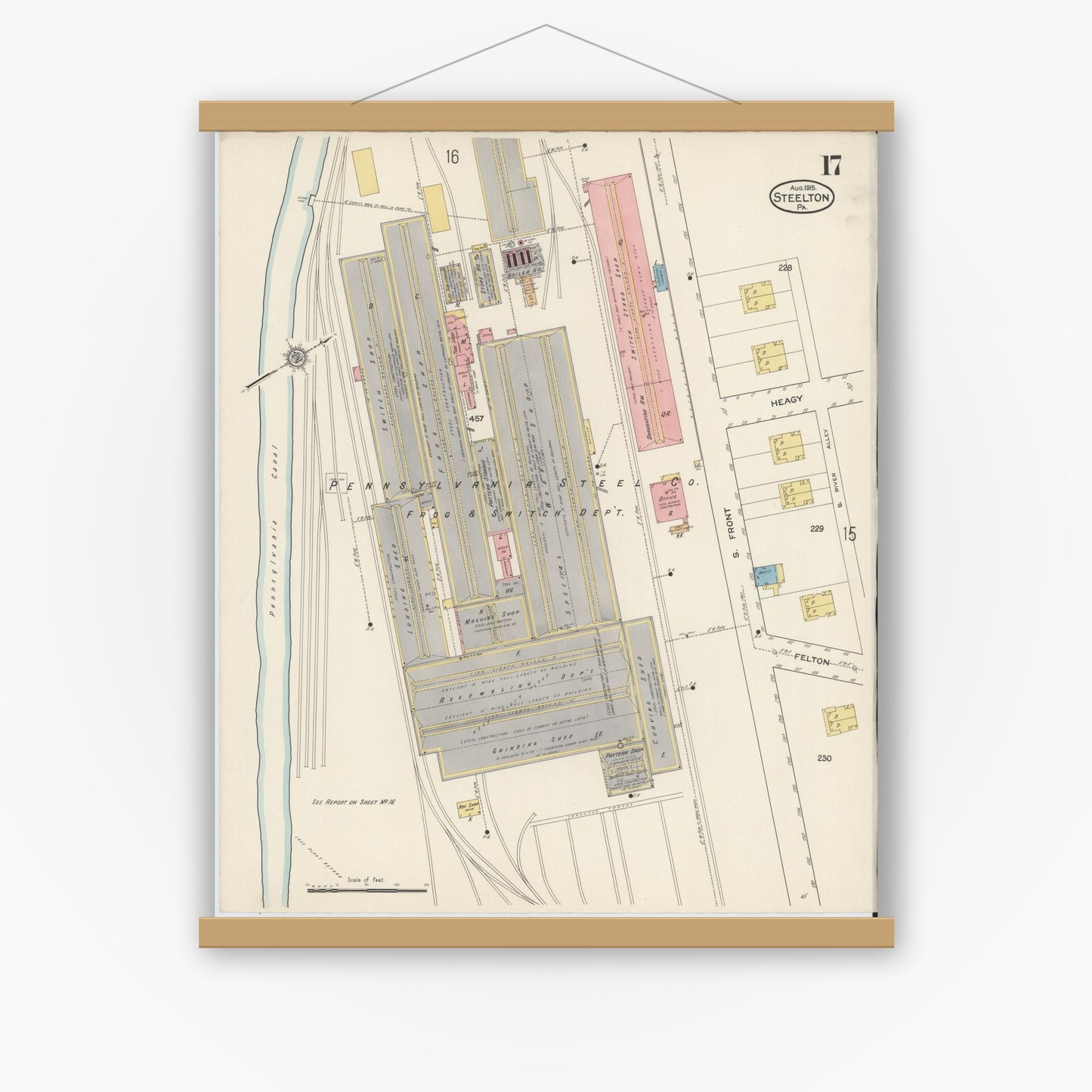 Old map wall art mockup — magnetic wood frame on white wall — Sanborn Fire Insurance Map from Steelton, Dauphin County, Pennsylvania (1915), Sheet #0017