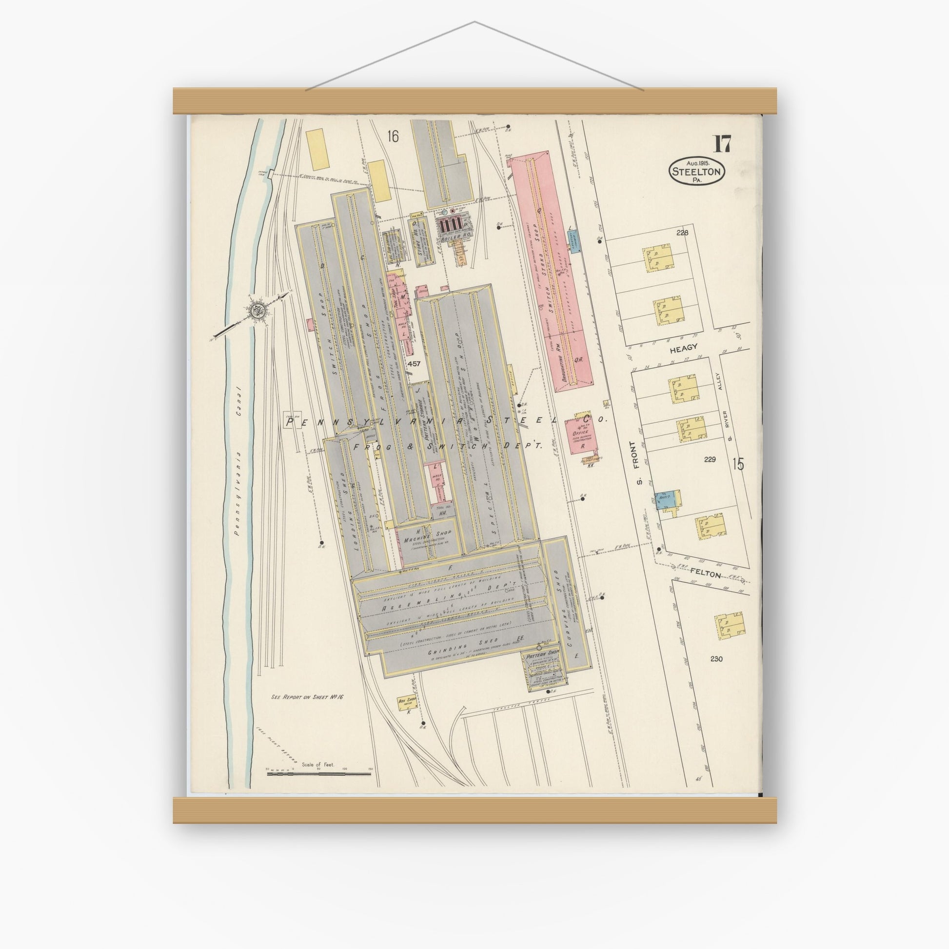 Old map wall art mockup — magnetic wood frame on white wall — Sanborn Fire Insurance Map from Steelton, Dauphin County, Pennsylvania (1915), Sheet #0017