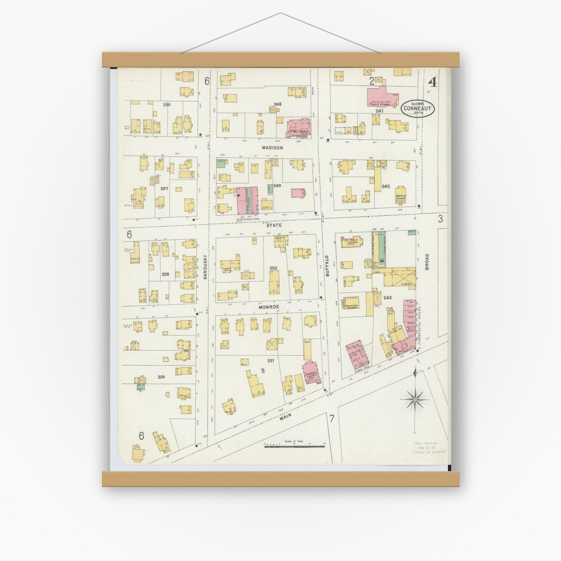 Old map wall art mockup — magnetic wood frame on white wall — Sanborn Fire Insurance Map from Conneaut, Ashtabula County, Ohio (1898), Sheet #0004