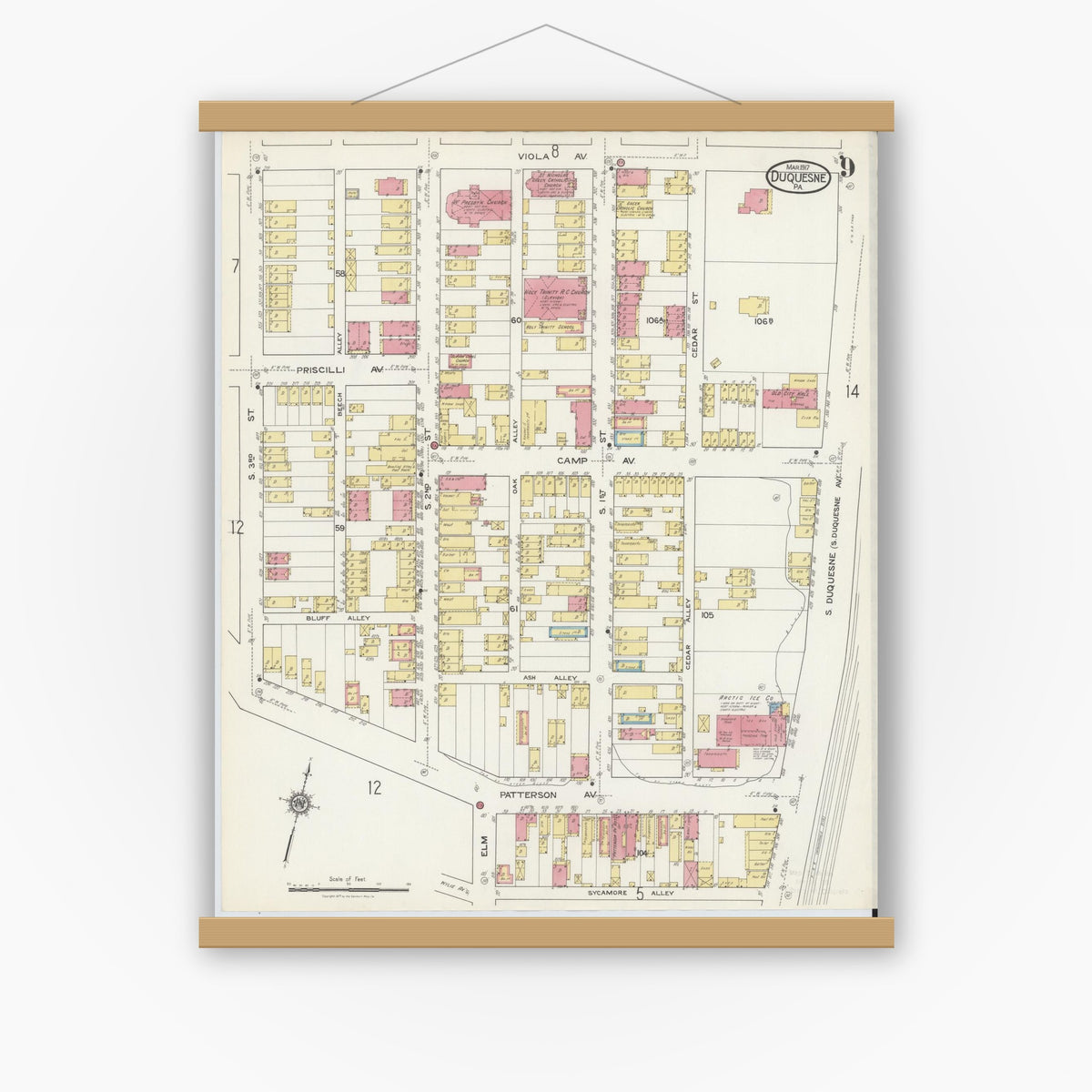 Old map wall art mockup — magnetic wood frame on white wall — Sanborn Fire Insurance Map from Duquesne, Allegheny County, Pennsylvania (1917), Sheet #0009