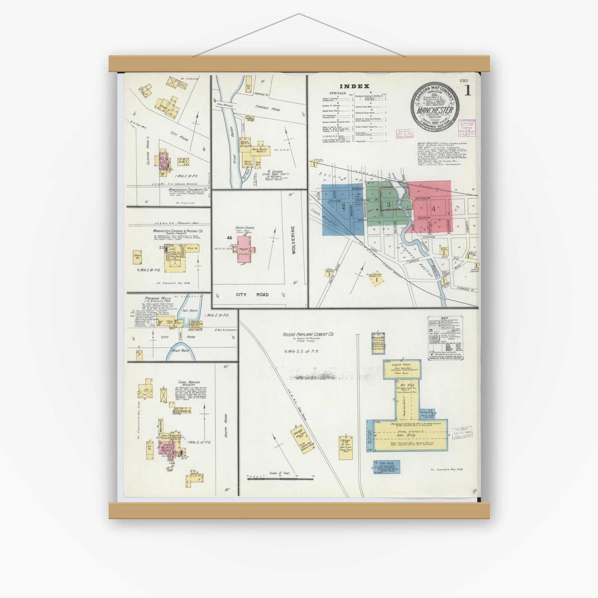 Old map wall art mockup — magnetic wood frame on white wall — Sanborn Fire Insurance Map from Manchester, Washtenaw County, Michigan (1907) - Complete Map Set