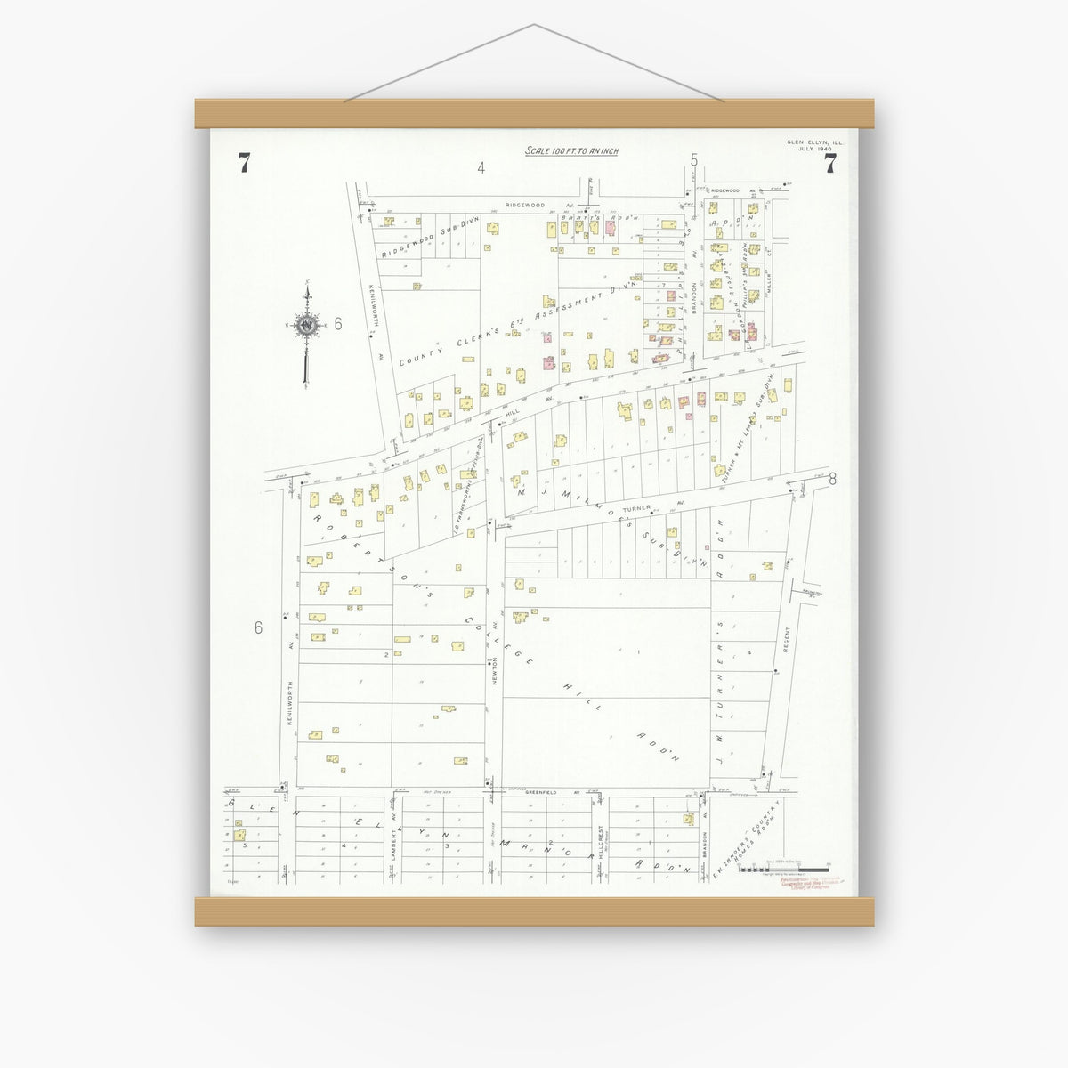 Old map wall art mockup — magnetic wood frame on white wall — Sanborn Fire Insurance Map from Glen Ellyn, Du Page County, Illinois (1940), Sheet #0007