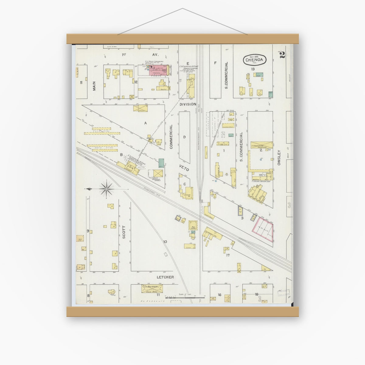 Old map wall art mockup — magnetic wood frame on white wall — Sanborn Fire Insurance Map from Chenoa, McLean County, Illinois (1892), Sheet #0002