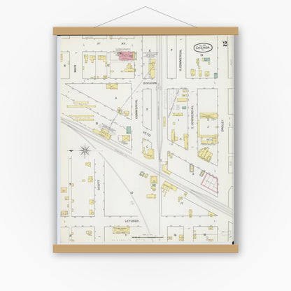 Old map wall art mockup — magnetic wood frame on white wall — Sanborn Fire Insurance Map from Chenoa, McLean County, Illinois (1892), Sheet #0002