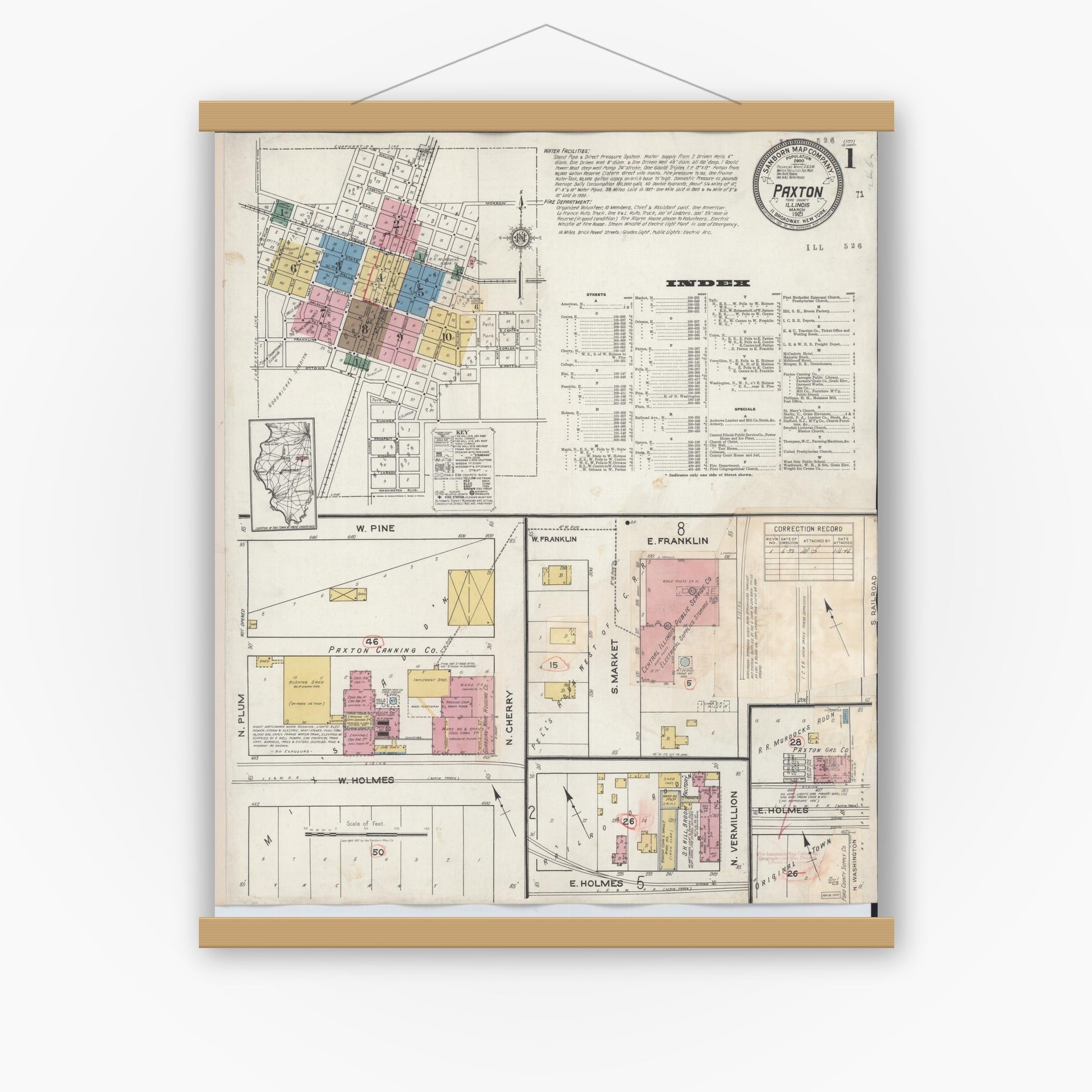 Old map wall art mockup — magnetic wood frame on white wall — Sanborn Fire Insurance Map from Paxton, Ford County, Illinois (1932) - Complete Map Set