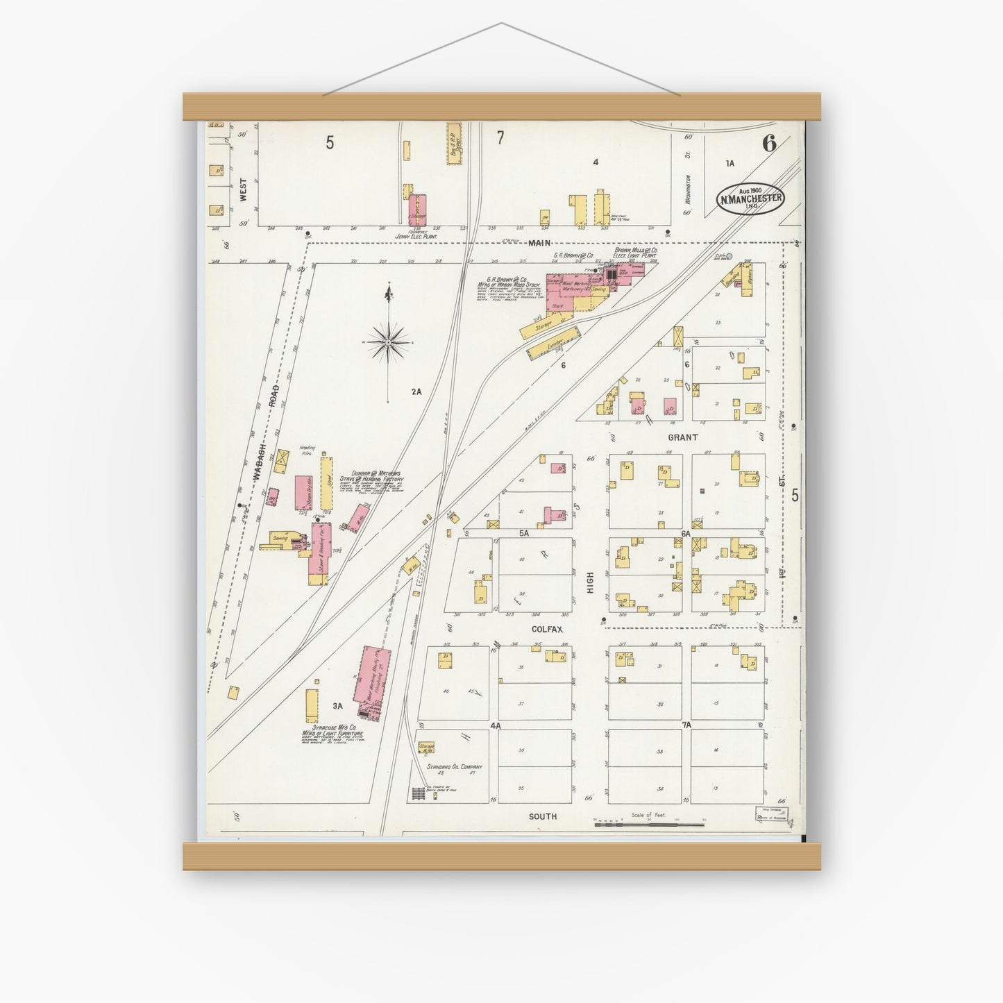 Old map wall art mockup — magnetic wood frame on white wall — Sanborn Fire Insurance Map from North Manchester, Wabash County, Indiana (1900), Sheet #0006