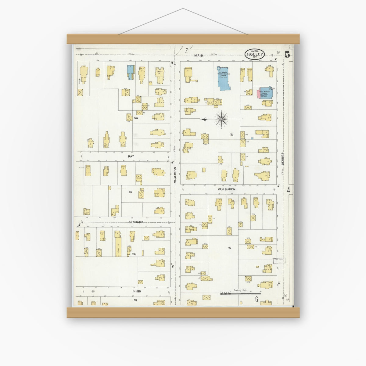 Old map wall art mockup — magnetic wood frame on white wall — Sanborn Fire Insurance Map from Holley, Orleans County, New York (1904), Sheet #0005
