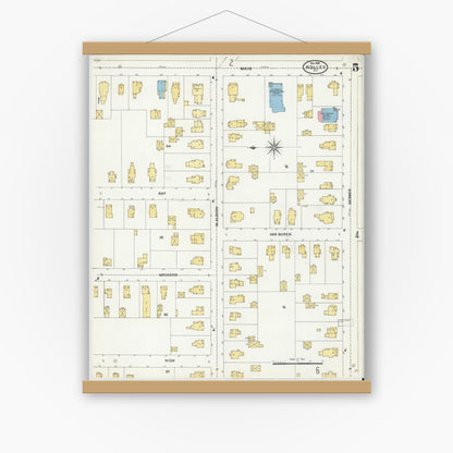 Old map wall art mockup — magnetic wood frame on white wall — Sanborn Fire Insurance Map from Holley, Orleans County, New York (1904), Sheet #0005